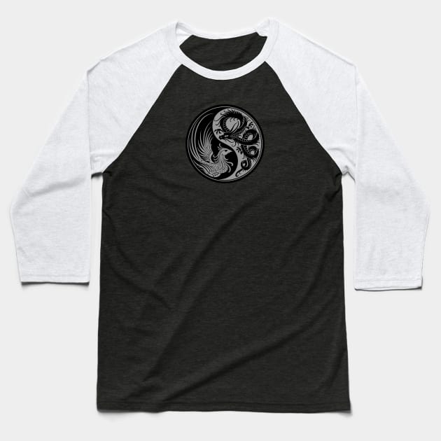 Gray and Black Dragon Phoenix Yin Yang Baseball T-Shirt by jeffbartels